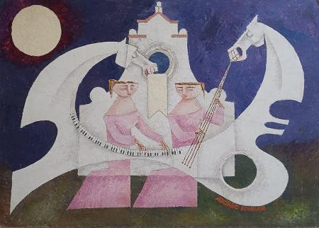 Art work by Adorno Bonciani Concerto in Piazza Santo Spirito (Firenze) con Ippocembalo - oil cardboard 